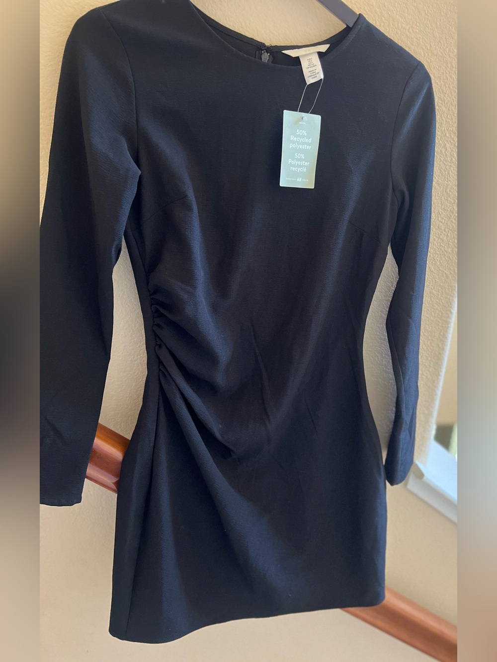 H&M Ruched Minimalist Long Sleeve Mini Dress in Black Size Small NWT